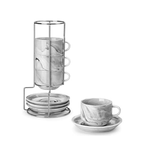 MALACASA 2.5 OZ Porcelain Espresso Cups with Saucers and Metal Stand Set of 4, Stackable Cappuccino Cups, Marble Gray Expresso Shots Cup Set for Coffee Drinks, Latte, Tea - Image 1