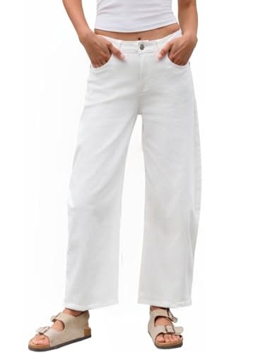 PEIHOT Mid Rise Barrel Jeans for Women Trendy Boyfriend Stretchy Baggy Cropped Denim Pants with Pockets White - Image 1