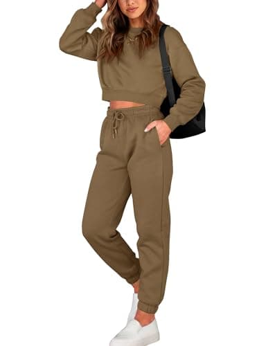 BTFBM Women 2 Piece Outfits Long Sleeve Crop Top Pullover Drawstring Pant Jogger Set Casual Sweatsuits Tracksuit Pockets(Dark Khaki, X-Large) - Image 1