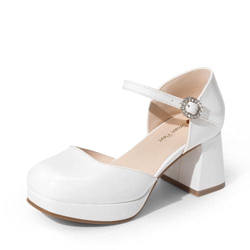 DREAM PAIRS Girls Dress Shoes Platform Square Toe High Heels Ankle Strap Party Wedding Flower Pump for Little Big Kid,Size 5 Big Kid,White,SKPU26002K - Image 1