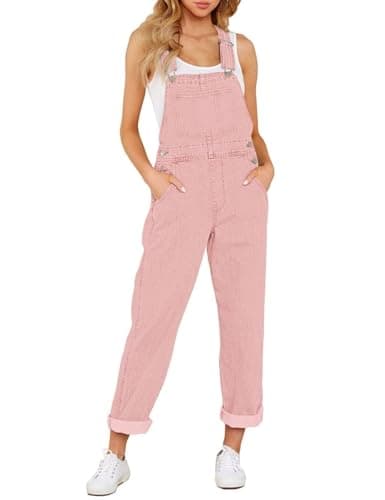 Vetinee Women's Pink Adjustable Straps Pockets Boyfriend Denim Bib Overalls Jeans Pants Large Size 12 Size 14 - Image 1