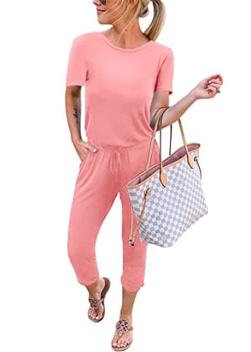 KIRUNDO Jumpsuits for Women Summer 2026 Casual Short Sleeve One Piece Outfits Drawstring Waist Long Pants Romper Jumpers(Light Pink, Medium) - Image 1