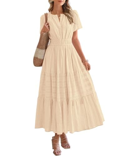 BTFBM Womens Summer 2026 Casual Midi Maxi Dresses Lightweight Short Sleeve V Neck Elastic Waist Boho Beach Dress Pockets(Apricot, Small) - Image 1