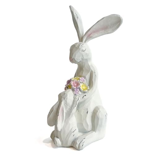 LIFFY Easter Bunnies Statue Home Decor - Charming Hand Painted Resin Rabbit Figurines with Flower, Pretty Spring Home Decor & Gift - Image 1