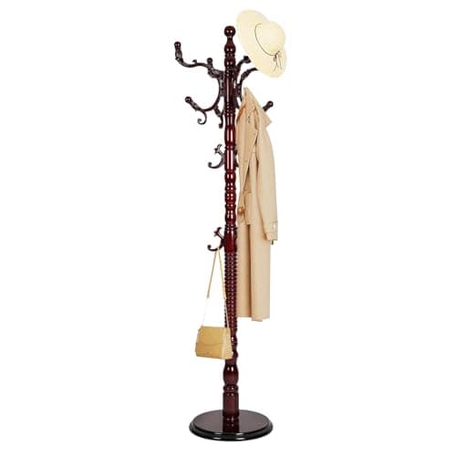 Daisdoer Solid Wood Coat Rack, Free Standing Hall Coat Tree with 14 Hooks, 3 Height Options, 300lbs Load, Stury Base, Clothes Rack for Entryway, Hallway, Bedroom (Disc Base - Rosewood) - Image 1