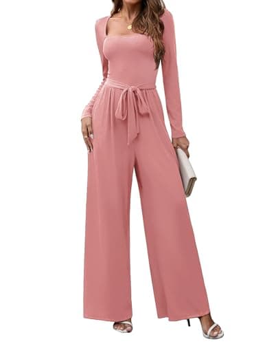 LOOKBOHO One Piece Jumpsuits for Women Dressy Casual Square Neck Elegant Wedding Guest Jumpsuit Long Romper Dusty Pink L - Image 1