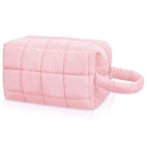 Gosect Quilted Cute Makeup Bag, Checkered Cosmetic Bags with Divider, Waterproof Travel Toiletry Bag, Puffy Make up Pouch for Women Travel Essentials (Handle, Pink, Medium) - Image 1