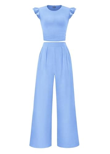 KIRUNDO Two Piece Sets For Women Summer 2026 Casual Cap Sleeve Cute Tops Wide Leg Pants Matching Set Travel Vacation Outfits(Light Blue, X-Large) - Image 1