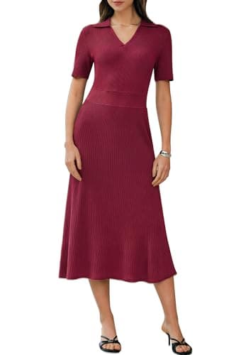 Arach&Cloz Women's Lyocell Blend Polo Clothing V Neck Knit Flowy A Line Empire Waist Spring Summer Fashion Casual Elegant Lady Short Sleeve Outfit Basic Modest Midi Dress 2026 Burgundy Red S - Image 1
