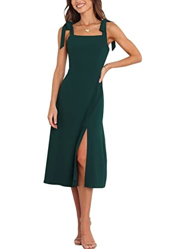 Tankaneo Womens Elegant Square Neck Bridesmaid Dresses Split Mid Formal Dress Cocktail Party Dress for Wedding Guest Dark Green - Image 1