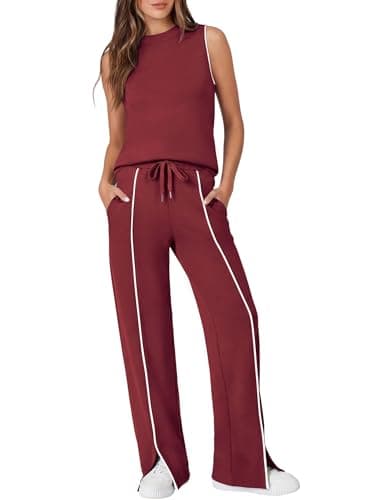 Casly Lamiit Womens 2 Piece Set Summer Outfits Mock Neck Top Wide Leg Pants Lounge Set Airport Travel Outfit Beach Vacation Clothing Sets Wine Red XL - Image 1