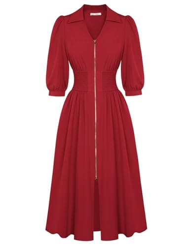 GRACE KARIN Womens Summer Midi Dress 2026 A Line Business Office Work Dress Fit and Flare Zipper 3/4 Sleeve Dress Casual with Pockets Business Casual Red Size S - Image 1