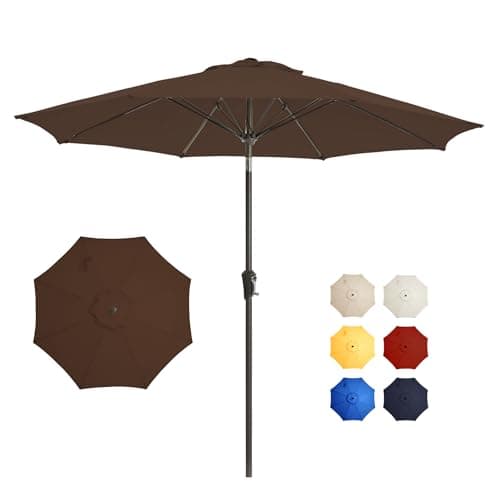 GREFORG 9FT Large Outdoor Patio Umbrella Pool Market Umbrella-UV Resistant, Easy Push Button Tilt and Crank, 8 Sturdy Ribs Heavy-Duty Table Umbrella for Deck, Backyard, Garden (Brown) - Image 1