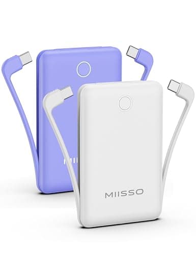 10000mAh Compatible with iPhone 15/16/17 and Android, Slim Portable Charger with Built in Cable, Power Bank Travel Charger External Battery Pack for Phone, 3 Output USB Type C, 2 Pack White & Purple - Image 1