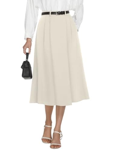 Casly Lamiit Womens High Waisted Midi Skirts Elegant A Line Flare Skirt Trendy Work Skirt Light Khaki XL - Image 1