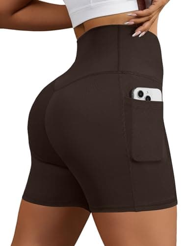DLOODA Biker Shorts for Women, High Waisted Yoga Workout Tummy Control Spandex Compression Gym Running Shorts with Pockets Brown - Image 1