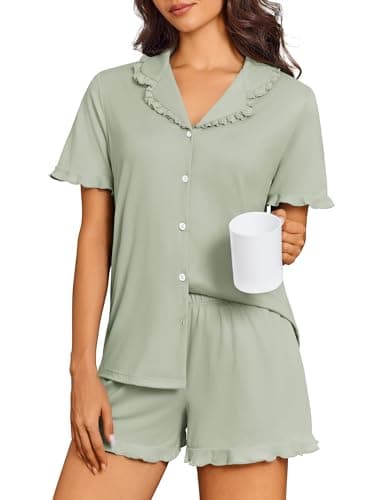 Ekouaer Green Pajamas for Women Set Short Sleeve Button Down Pjs Cute Ruffle Sleepwear 2 Piece Soft Lounge Sets,M - Image 1