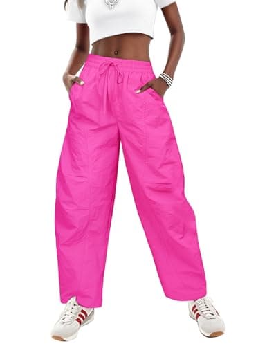 LOOKBOHO Women's Summer Pants 2026 Cargo High Waist Travel Wide Leg Baggy Parachute Casual Drawstring Lightweight Hiking Trouser Streetwear with Pockets Hot Pink Large - Image 1