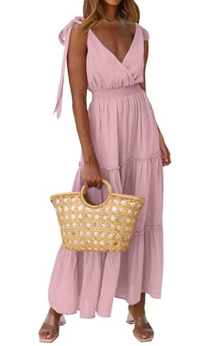 PRETTYGARDEN Women's Summer Backless Boho Dress Tie Shoulder Sleeveless Knot Sun Dress Ruffled Hem Flowy Bohemian Maxi Dresses (Light Pink,X-Large) - Image 1
