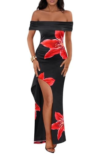 MEROKEETY Women's Floral Off Shoulder Maxi Dresses 2025 Sexy High Split Cocktail Wedding Guest Dress, Black, X-Large - Image 1