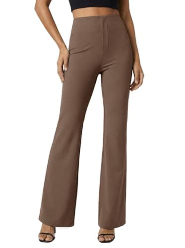 Dokuritu Womens Slacks for Work Tummy Control Stretchy Flare Pants Pull On Bootcut Business Casual High Waist Trousers with Pockets Caramel - Image 1