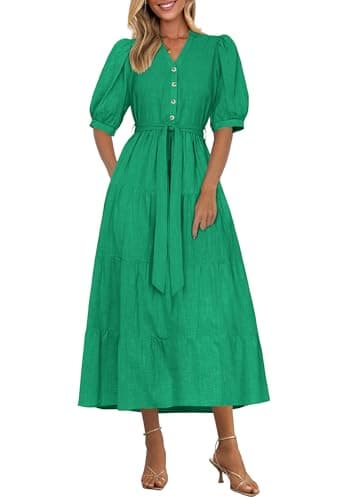 PRETTYGARDEN Summer Dresses for Women 2026 Elegant Classy Short Sleeve V Neck Ruffle A Line Belted Long Beach Vacation Dress (Green,Large) - Image 1