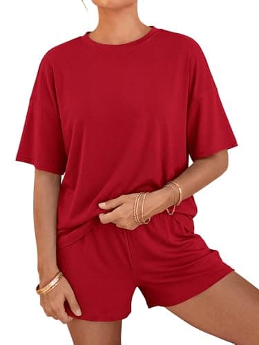 BTFBM Two Piece Sets For Women Summer Outfits Short Sleeve Tops Lounge Shorts Sets Oversized Matching Sets Pockets 2026(Red, Small) - Image 1