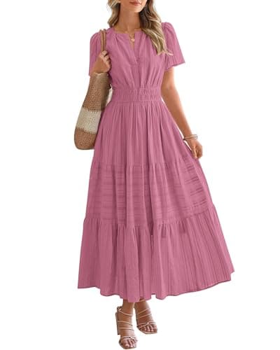 BTFBM Womens Summer 2026 Casual Midi Maxi Dresses Lightweight Short Sleeve V Neck Elastic Waist Boho Beach Dress Pockets(Dusty Pink, Small) - Image 1