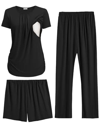 Ekouaer Maternity Nursing Pajamas Set Postpartum Lounge Breastfeeding Pjs Pregnancy Shorts & Pants Black XL - Image 1