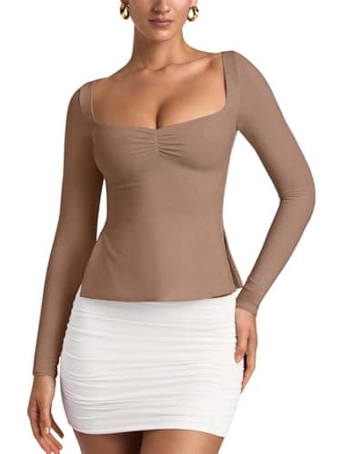 REORIA Long Sleeve Shirts for Women Square Neck Going Out Side Slit Tshirts 2025 Cute Y2k Tees Fall Trendy Tops Light Coffee Large - Image 1