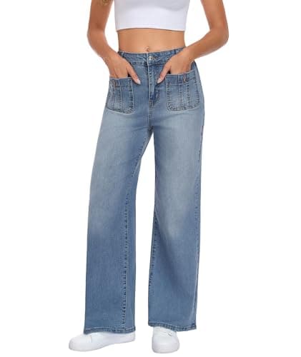 MARIASHA Wide Leg Jeans for Women, High Waist Stretchy Baggy Jeans, Blue Washed Denim Pants with Dual Pockets - Image 1