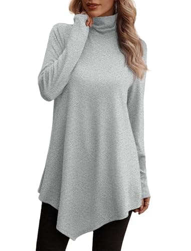 JUSTFASHIONNOW Long Sleeve Tunic Tops for Women Dressy Casual Flowy Blouses 2025 Black Mock Neck Top Fall Fashion Light Grey M - Image 1