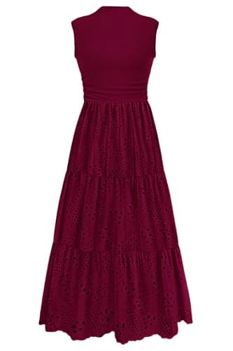 PRETTYGARDEN Summer Dresses for Women 2026 Casual Eyelet Sleeveless Wedding Guest Maxi Dress Tank Top Sundress with Pockets (Jujube Red,XX-Large) - Image 1