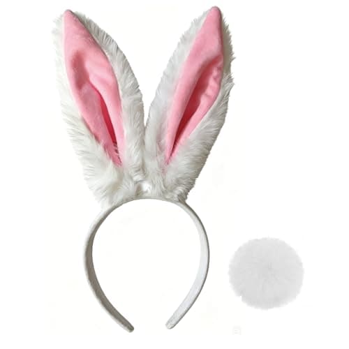 Bunny Ears Headbands and Tail White Rabbit Ears Headband for Women Adult