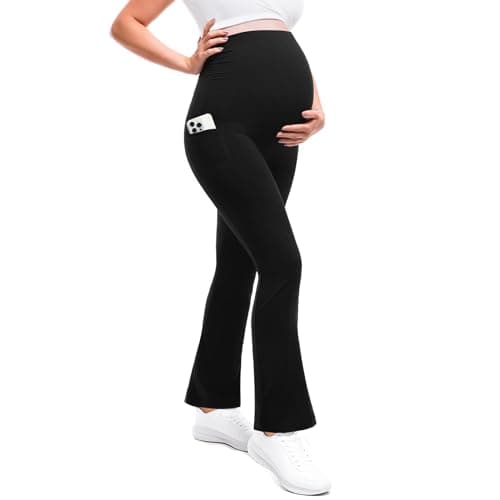 Leafigure Maternity Flare Leggings with Pockets Over The Belly Yoga Pants for Workout Soft Pregnancy Activewear Black L - Image 1