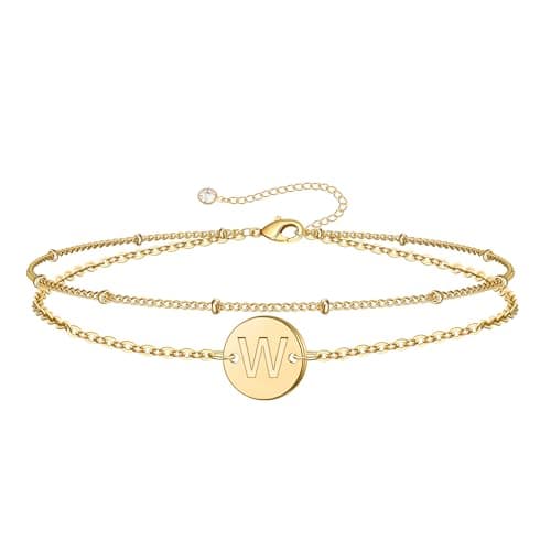 MONOZO Initial Bracelets for Women Jewelry Gifts Trendy - Dainty 18K-Gold-Plated Disc Monogram Letter W Initial Bracelets for Women Personalized Jewelry Gifts for Her - Image 1