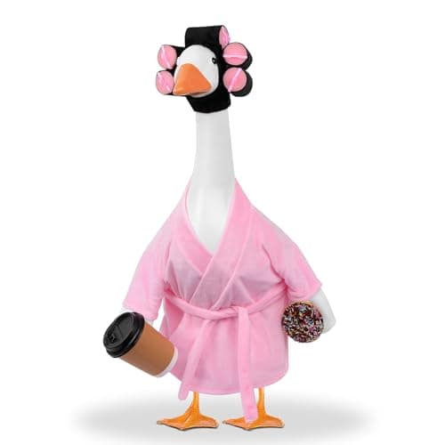 yuboo Lady Porch Goose Outfit 23 Inch Pink Bathrobe, Winter Goose Clothes Valentines Porch Geese Accessories Pink Pajamas Robe Curlers and Coffee Cup for Spring Easter Funny Decoration - Image 1