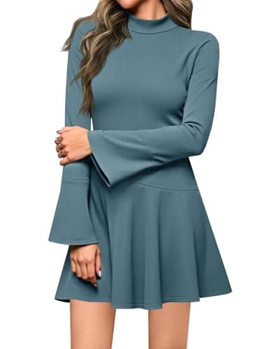 Wenrine Womens Bell Long Sleeve Ribbed Knit Dress Casual Mock Neck Drop Waist Slim Fit Fall Mini Dresses - Image 1