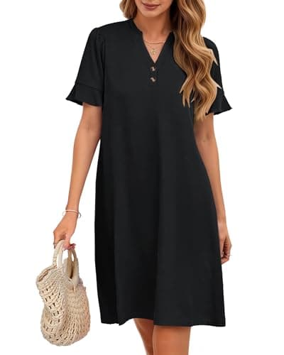 MOLERANI Short Sleeve Casual Dress Women Summer Ruffle Sleeve V Neck A Line Mini Dress Lightweight Sundress with Pockets Cute Beach Cruise Travel Vacation Outfits 2026, Black, L - Image 1