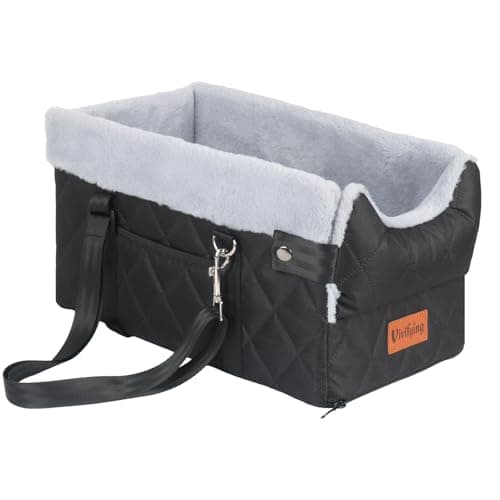 Vivifying Center Console Dog Car Seat for Small Dogs Up to 10 lbs, Plush Pet Booster Seat with Safety Leash, Adjustable Straps, Storage Pocket, Portable Car Seat for Puppies, Black & Grey - Image 1