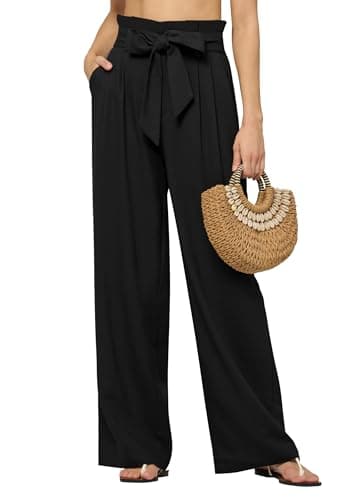 AVICHIC Women Linen Pants 2025 Paperbag Wide Leg Dress Pants High Waisted Work Slacks Tie Knot Trousers with Pockets 30" Black XXL - Image 1