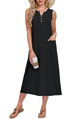 MOLERANI Women Sleeveless Button Down Midi Dress with Pockets V Neck Casual Summer Women's Midi Dress for Summer, Black, L - Image 1
