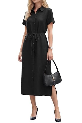 Arach&Cloz Women's Linen Shirt Dress with Pockets Button Down V Neck A Line Short Sleeve Solid Outfit Midi Long Clothes Summer Spring Fashion Business Casual Work Office Funeral Church 2026 Black M - Image 1