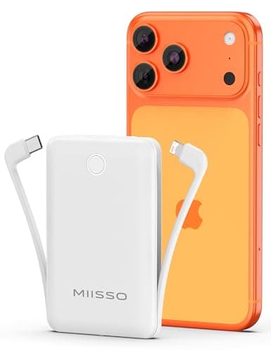 miisso 10000mAh Mini Portable Charger with Built in Cable, Pocket Size Power Bank Travel External Battery Pack for Phone, 3 Output USB Type C Cord Clutch Compatible with iPhone, Samsung, White - Image 1