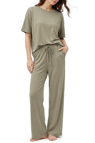 OUGES Women's Summer Pajamas 2 Piece Lounge Sets for Women Short Sleeve Wide Leg Pants Lyocell Cotton Blend Cool Feeling Maternity Postpartums Loungewear Pjs with Pockets(Khaki,XL) - Image 1