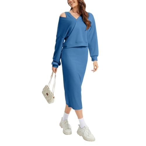 Anyshe Women's 2 Piece Matching Knit Sweater Set, Long Sleeve V-Neck Top with Maxi Skirt, Effortless Style for Vacation - Image 1
