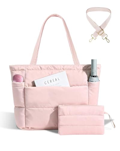 Moyad Puffer Tote Bag for Women, Quilted Work Bags with Compartments, Puffy Handbag for Everyday, Work, Travel, Gym, Pink - Image 1
