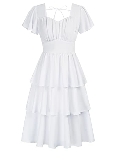 Women's Vintage White Sun Dress 2026 Summer Short Sleeve Tiered Ruffle Layered A-line Swing Bridal Shower Dress 2XL - Image 1