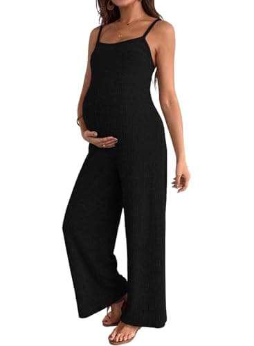BLENCOT Women's Jumpsuits Casual Ribbed Adjustable Strap Sleeveless Wide Leg Long Pants Maternity Jumpsuit Black Small - Image 1