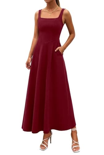 PRETTYGARDEN Womens Summer Dresses 2026 Sleeveless Elegant Square Neck Aline Swing Maxi Beach Wedding Guest Dress Pockets (Wine Red,X-Large) - Image 1